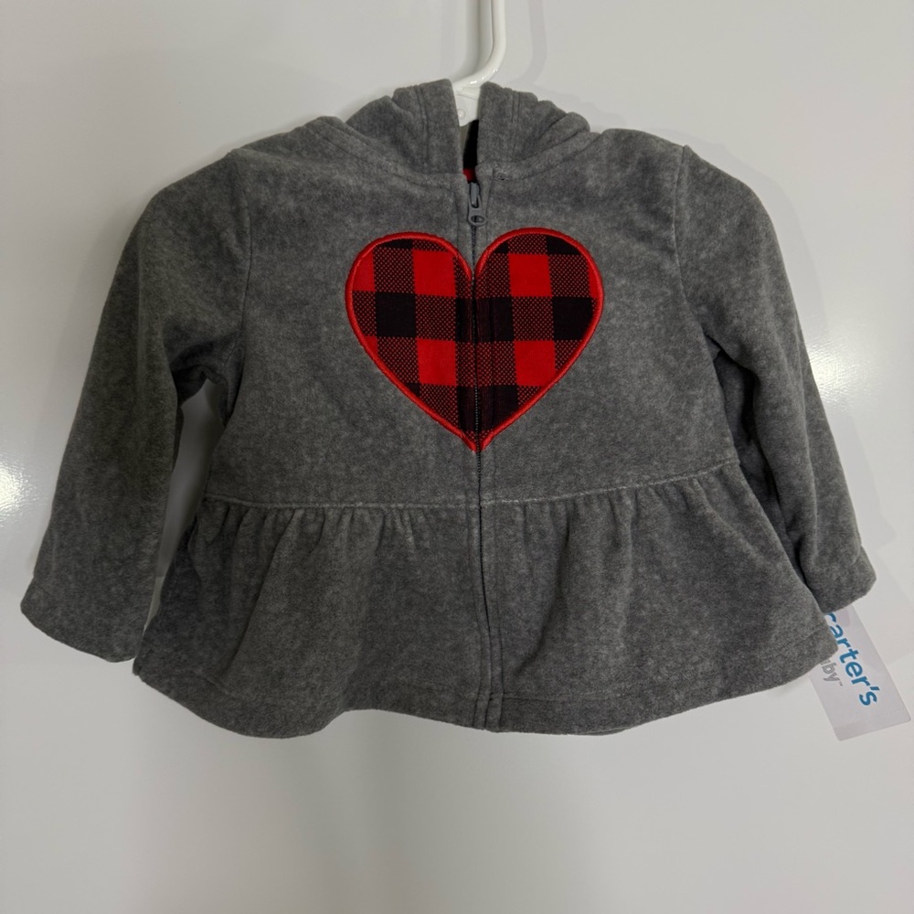 New Carter's Girls Size 9 Months Gray Ruffled Hem Red Buffalo Check Lined Zip up